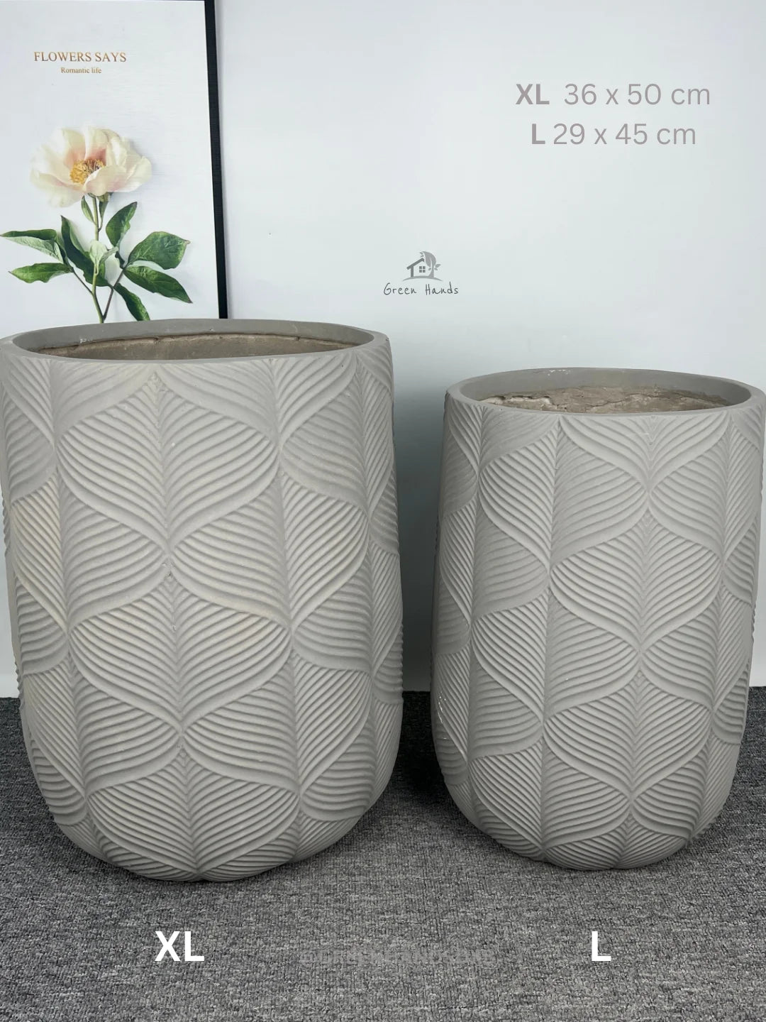 Traditional Engraved Wavy Mystical Grey Fiber Cement Pot with Drain Hole & Base Plate - Vintage Wave Design for Modern Interiors