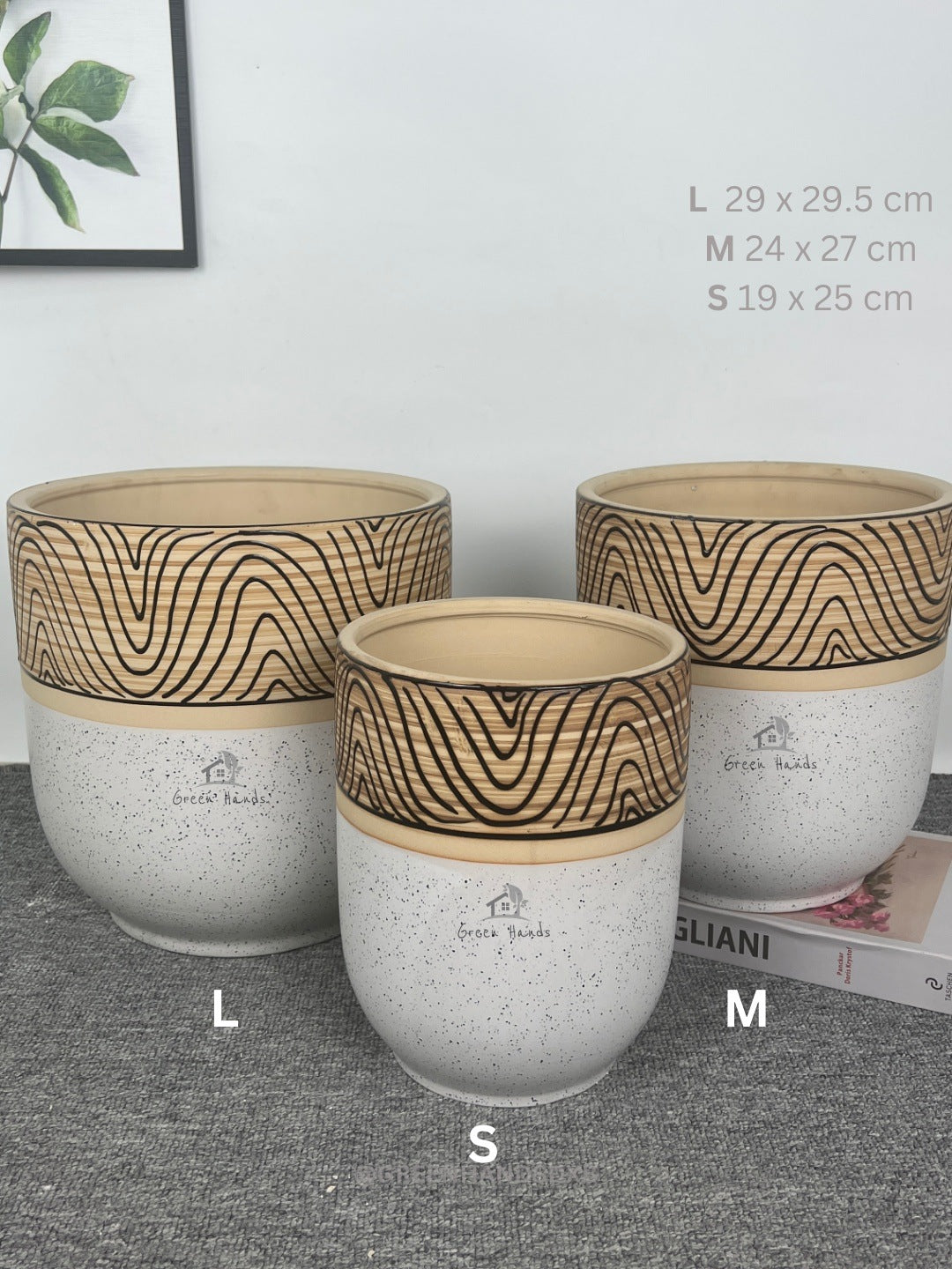 Nature Lover's White Ceramic Pots with Wooden Carving Finish in Dubai & Abu Dhabi: Minimalistic Artistry with Drain Holes and Base Plates