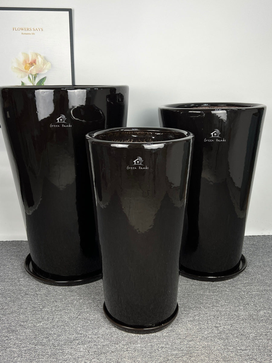 Premium Tall Black Ceramic Pots with Matching Base Plates in Dubai & Abu Dhabi: Ideal for Large Indoor Plants in Offices & Luxury Homes set of 3