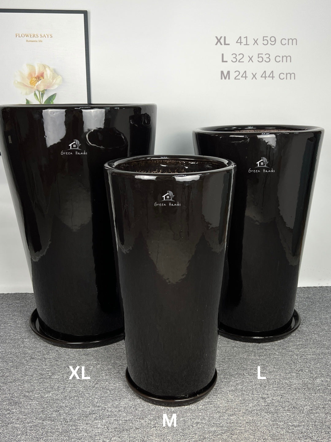 Premium Tall Black Ceramic Pots with Matching Base Plates in Dubai & Abu Dhabi: Ideal for Large Indoor Plants in Offices & Luxury Homes with dimensions