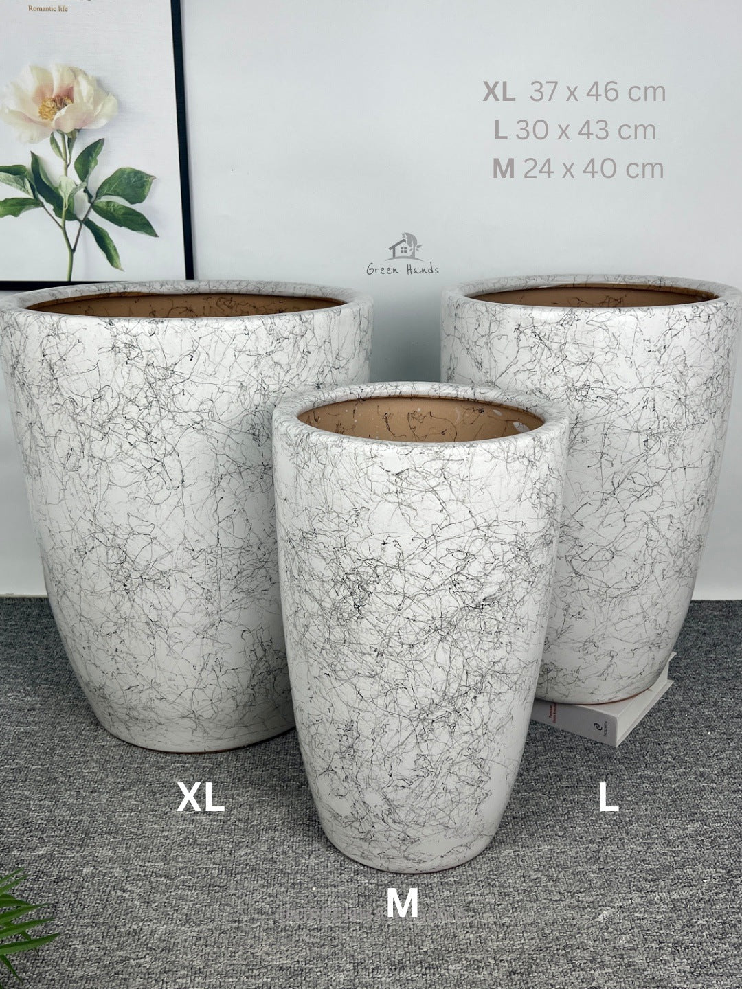 Tall Standalone Marble Ceramic Pots: Premium Design for Large & Extra Large Plants with Drain Holes and Base Plates | Available in Dubai & Abu Dhabi with dimensions